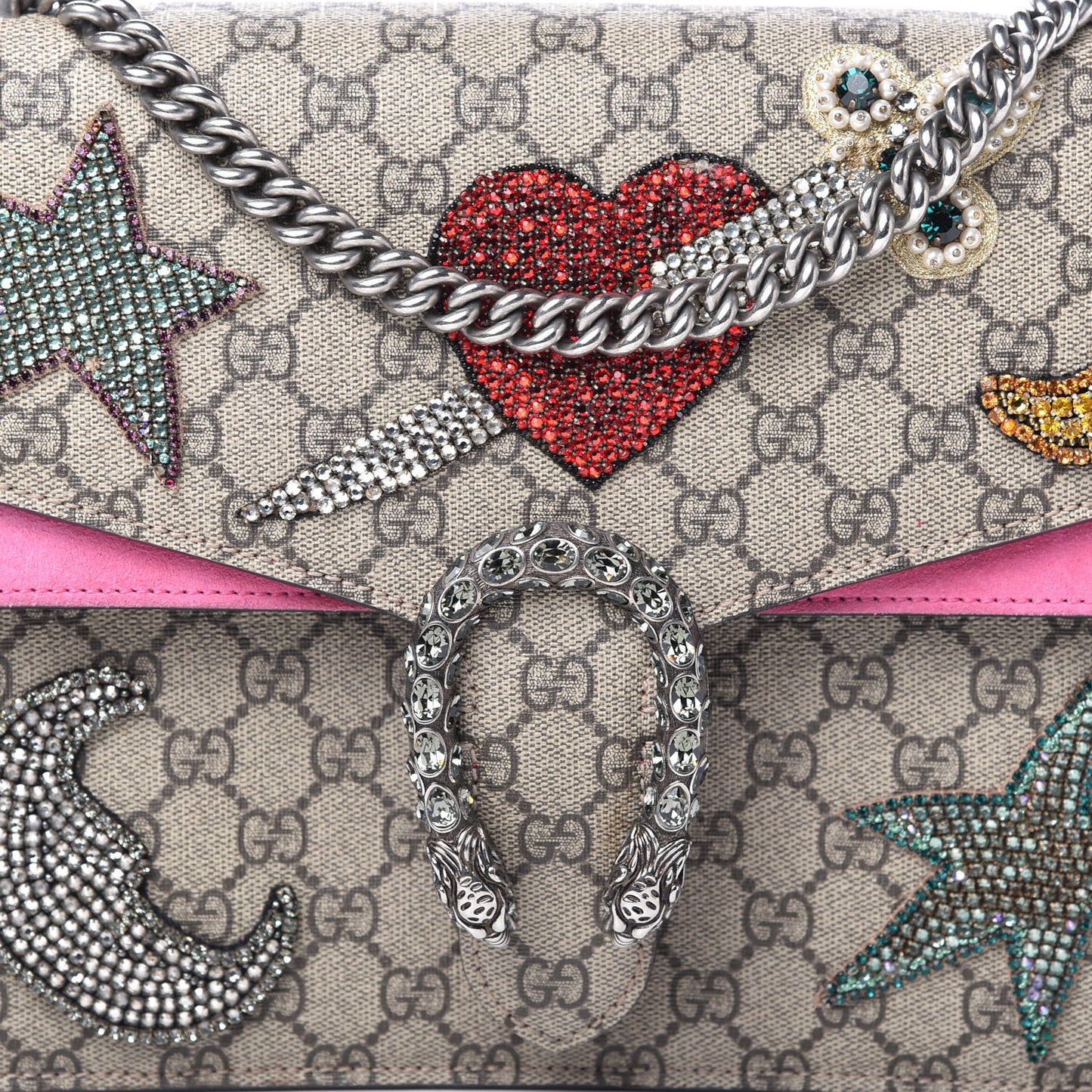 GG Supreme Monogram Suede Pierced Heart Embroidered Medium Dionysus Shoulder Bag Beige Ebony Pink Tropical Flower