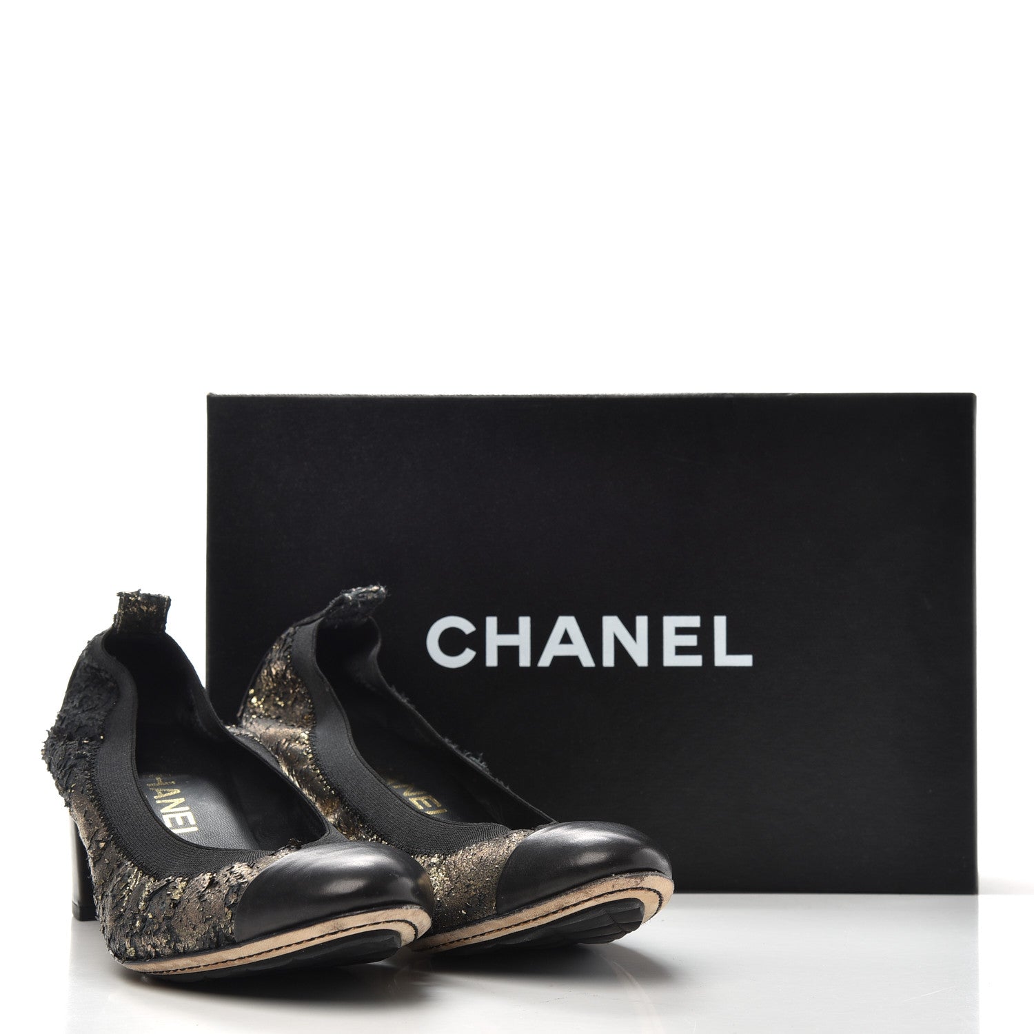 Chanel Metallic Lambskin Cap Toe CC Elastic Stretch Pumps 38 Black 11 of 11