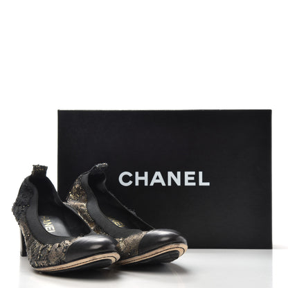 Chanel Metallic Lambskin Cap Toe CC Elastic Stretch Pumps 38 Black 11 of 11