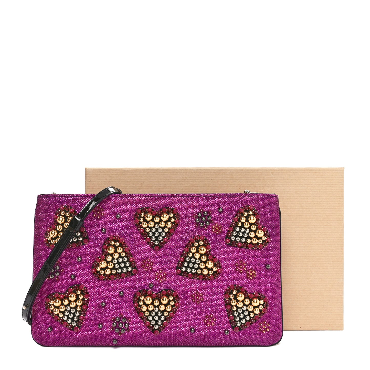 Metallic Raffia Studded Loubiposh Chain Clutch Magenta