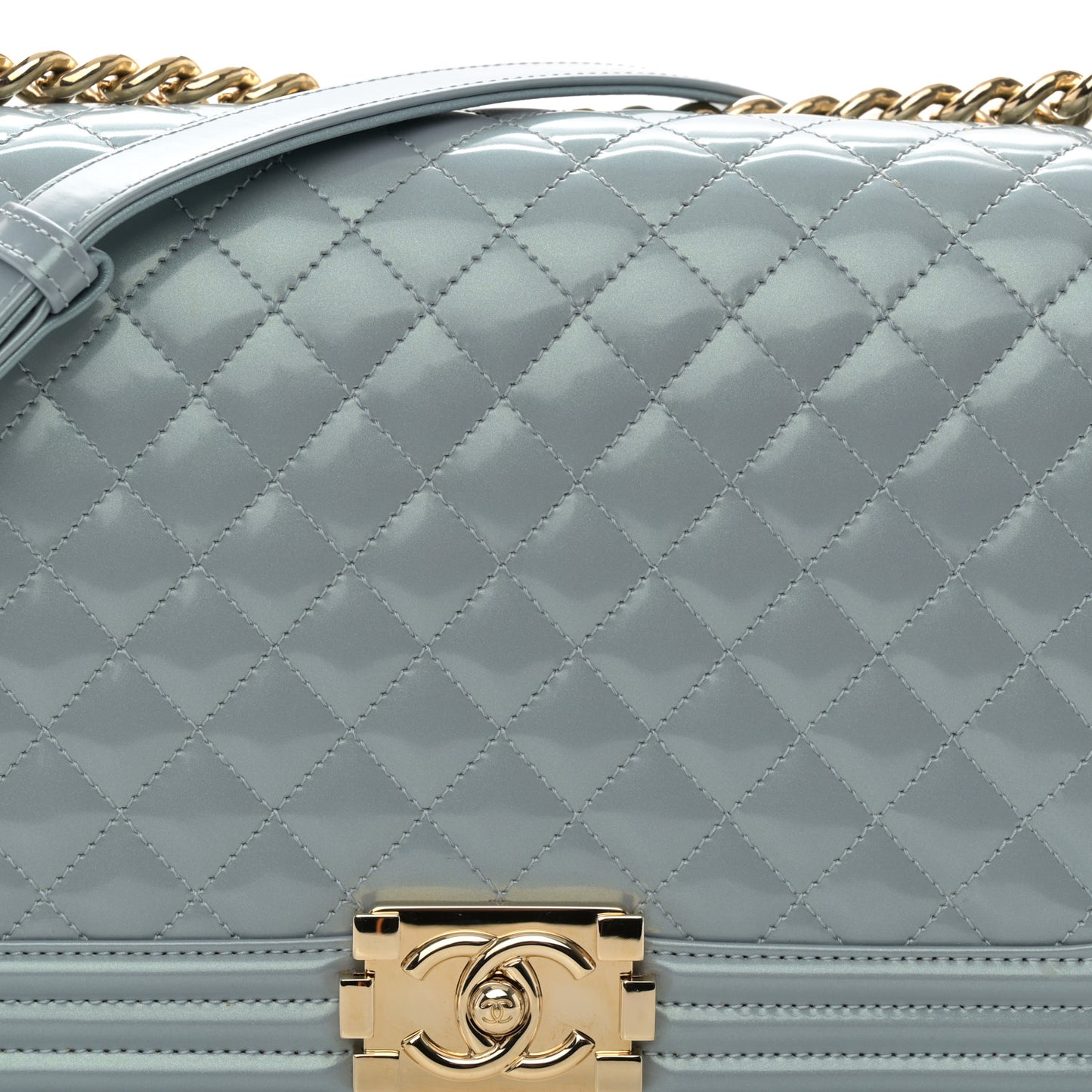 Iridescent Glazed Calfskin Quilted New Medium Boy Flap Light Blue