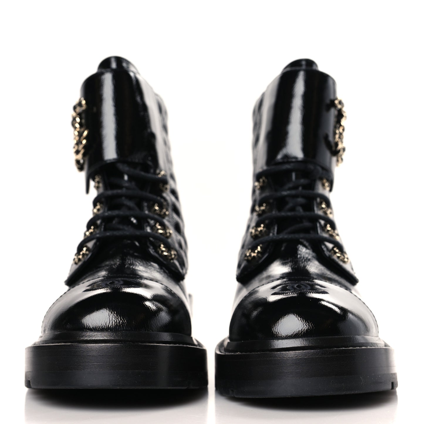 Shiny Goatskin Calfskin Quilted Lace Up Combat Boots 38 Black
