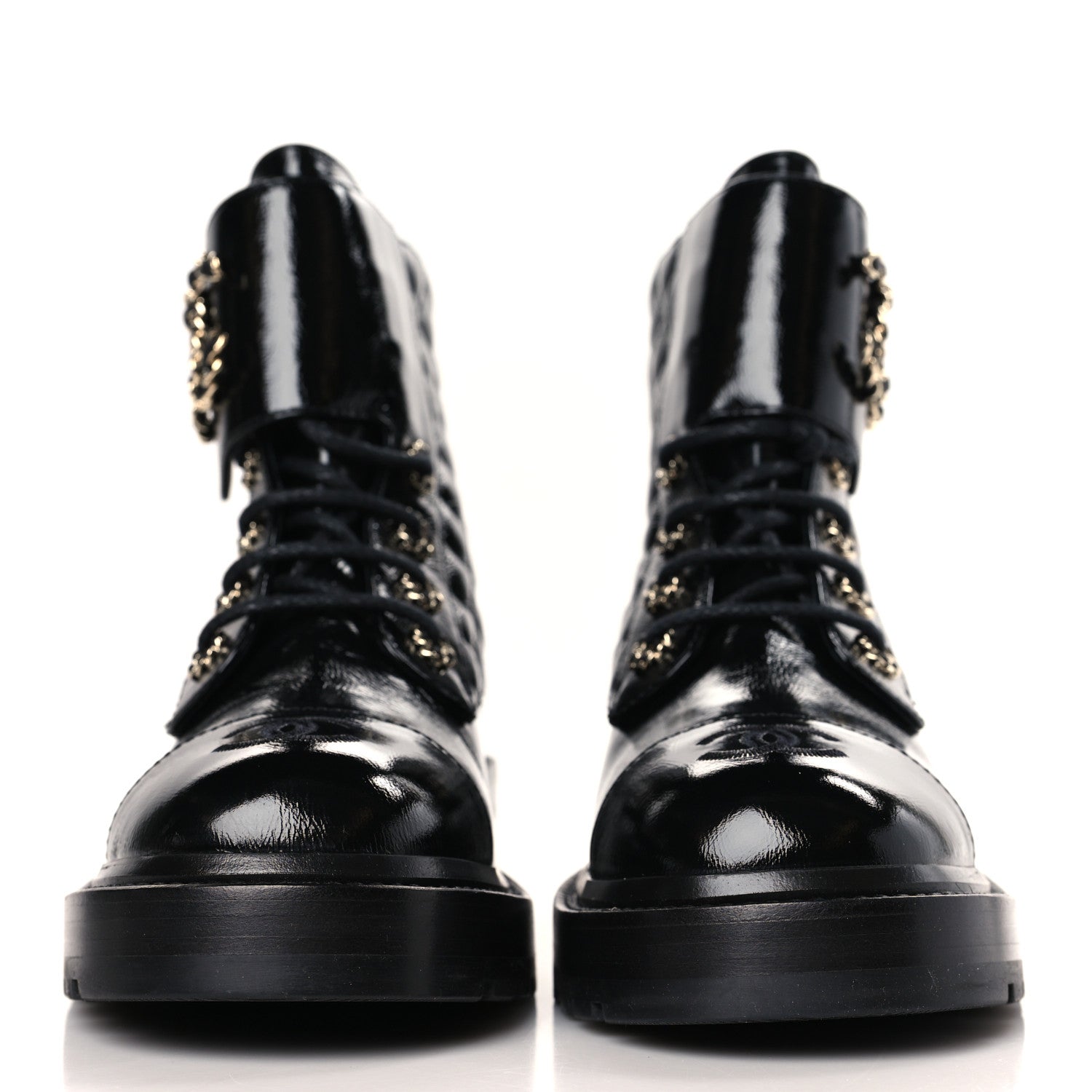Chanel Shiny Goatskin Calfskin Quilted Lace Up Combat Boots 38 Black 2 of 7