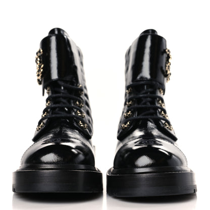 Chanel Shiny Goatskin Calfskin Quilted Lace Up Combat Boots 38 Black 2 of 7