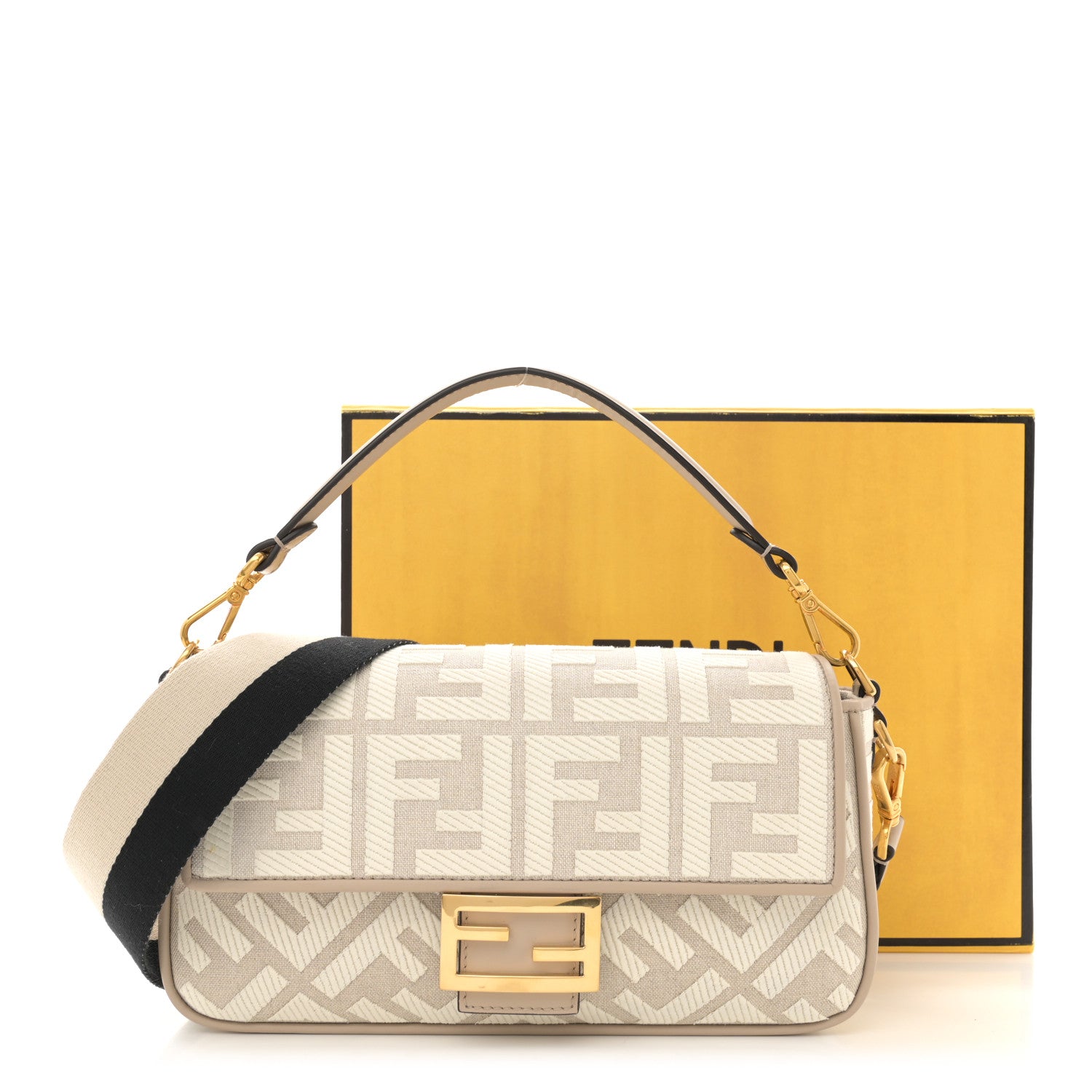 Fendi Canvas Vitello King FF Embroidered Baguette Grezzo White Nuvola 11 of 11