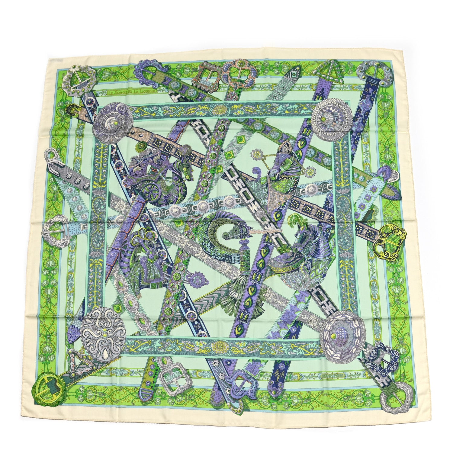 Hermes Cashmere Silk Le Songe De La Licorne Shawl 140 White Vert D'Eau Mauve 1 of 6