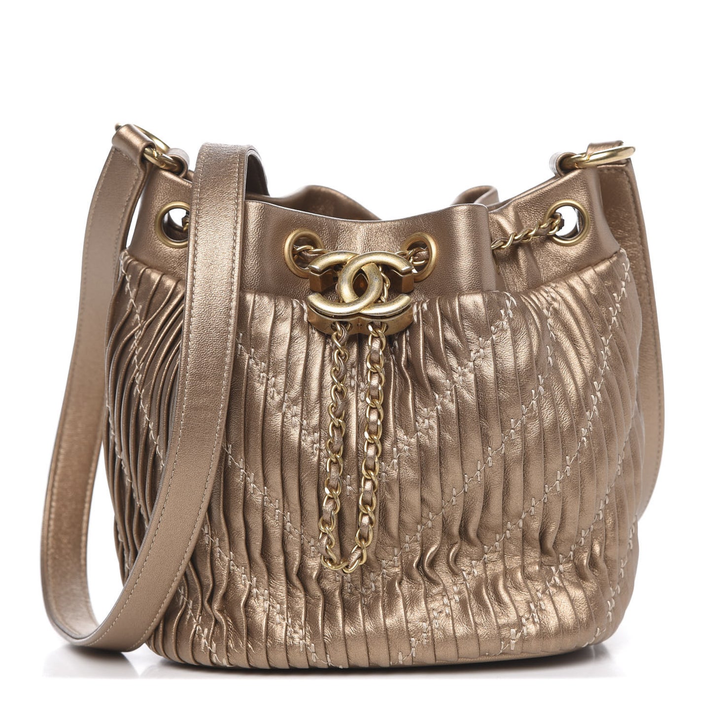Metallic Lambskin Coco Pleats Small Drawstring Bag Gold