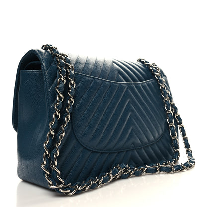 Chanel Caviar Chevron Quilted Jumbo Double Flap Blue 3 of 11