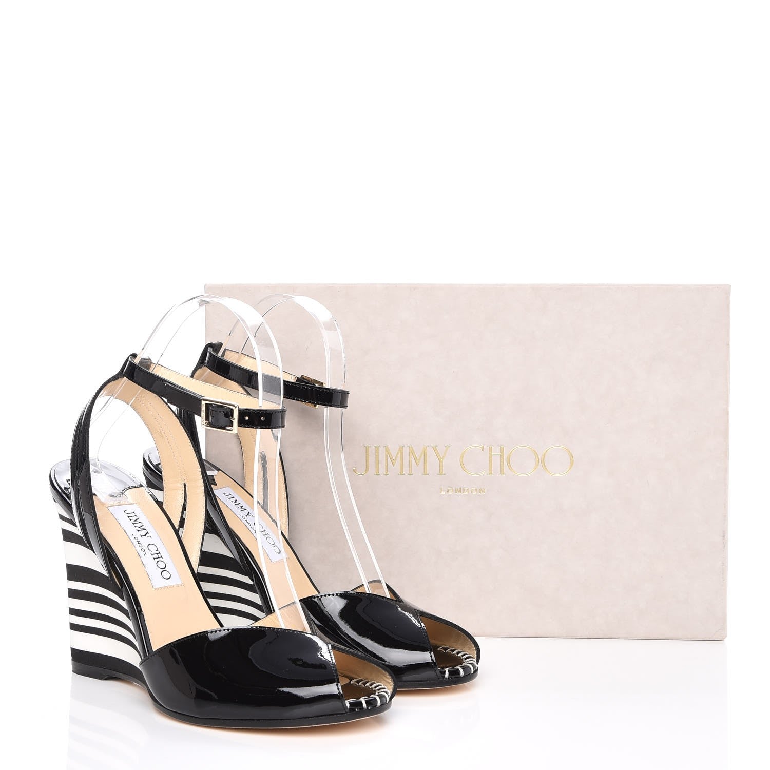 Jimmy Choo Patent Striped Damon 100 Wedge Sandals 37.5 Black White 10 of 10