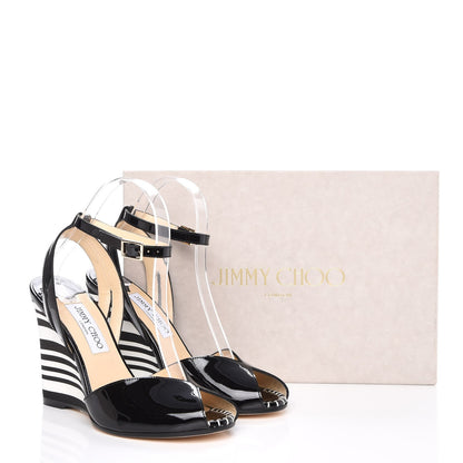 Jimmy Choo Patent Striped Damon 100 Wedge Sandals 37.5 Black White 10 of 10