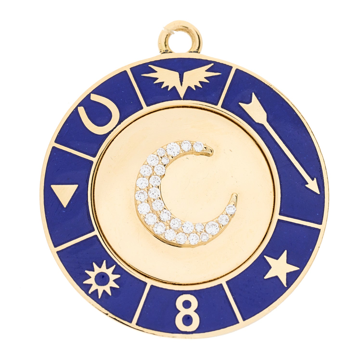 Foundrae 18K Yellow Gold Diamond Champleve Enamel Blue Crescent Medallion Pendant 1 of 4