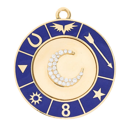 Foundrae 18K Yellow Gold Diamond Champleve Enamel Blue Crescent Medallion Pendant 1 of 4