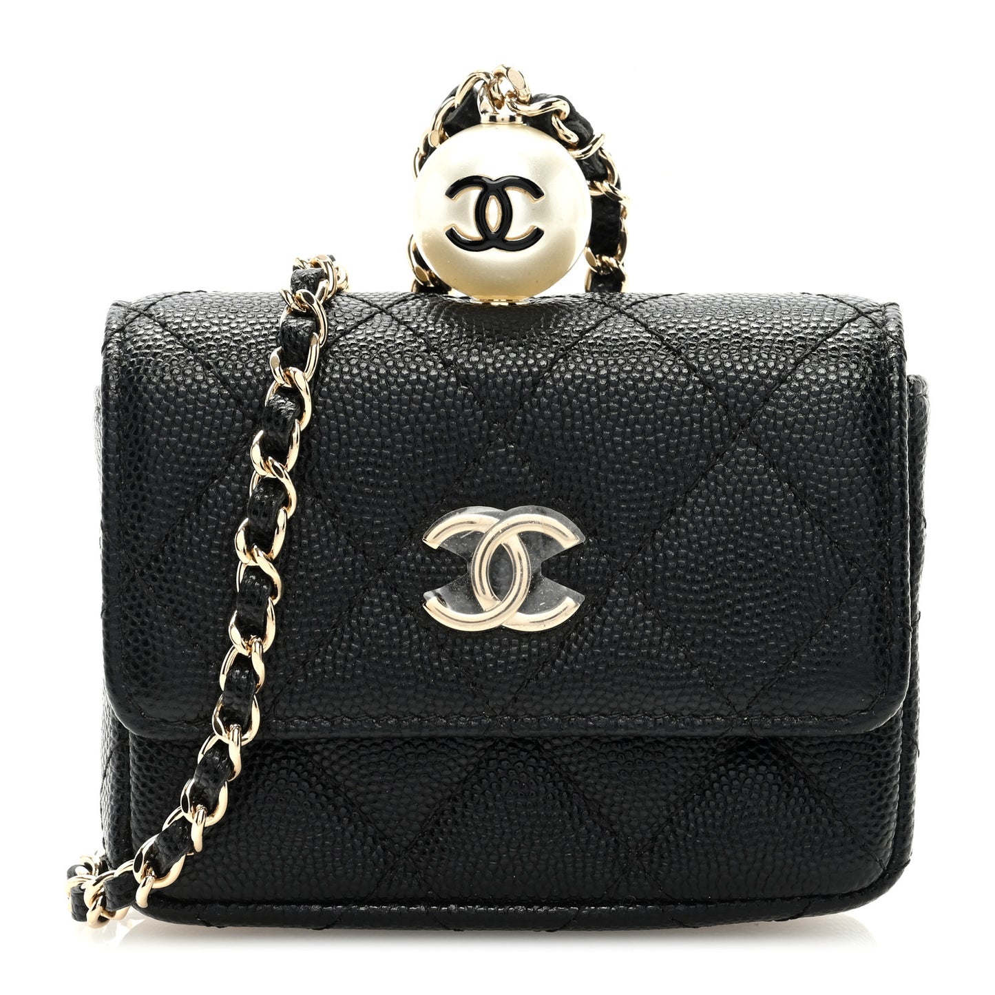 Caviar Quilted Mini Pearl On Top Coin Purse With Chain Black