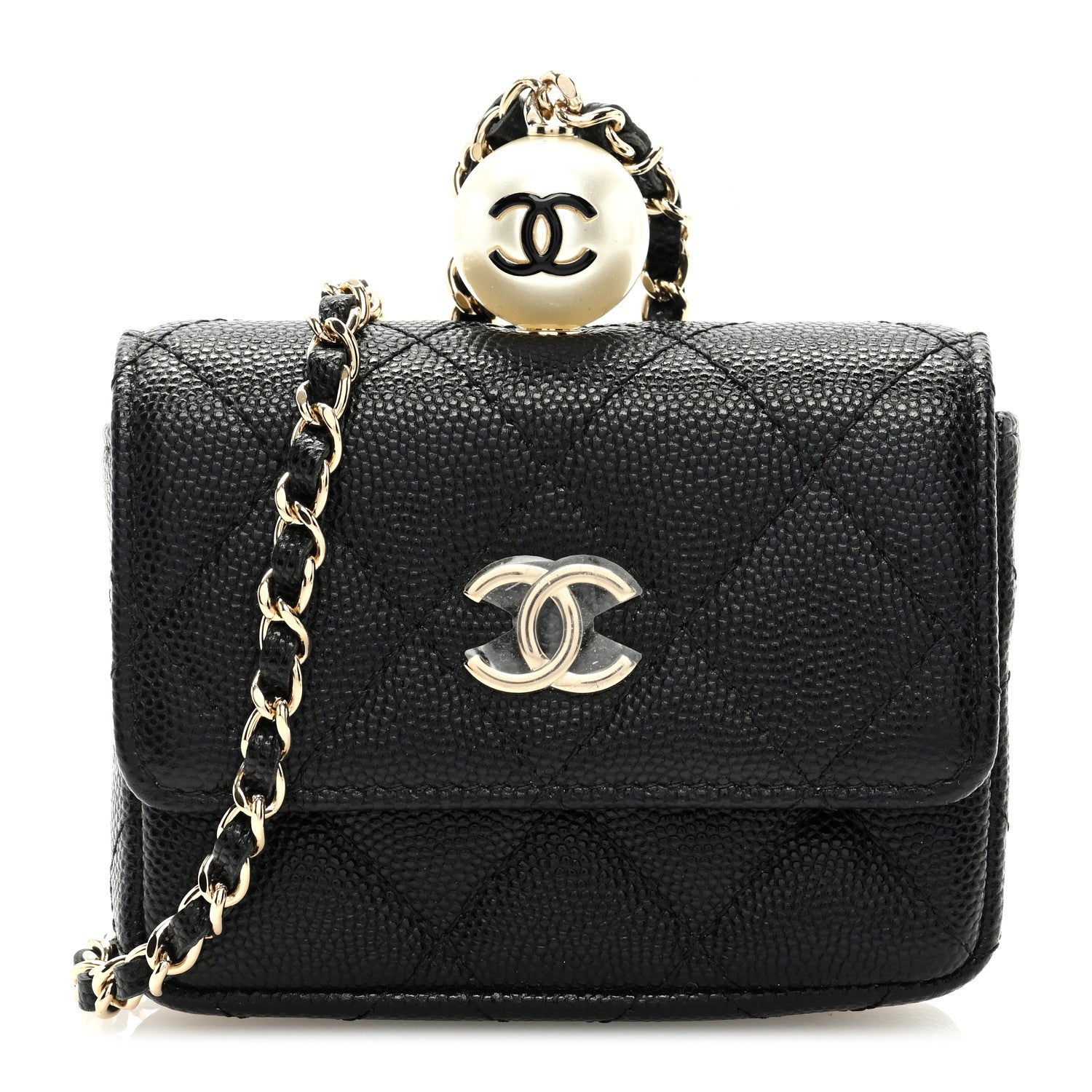 Chanel Caviar Quilted Mini Pearl On Top Coin Purse With Chain Black 1 of 9