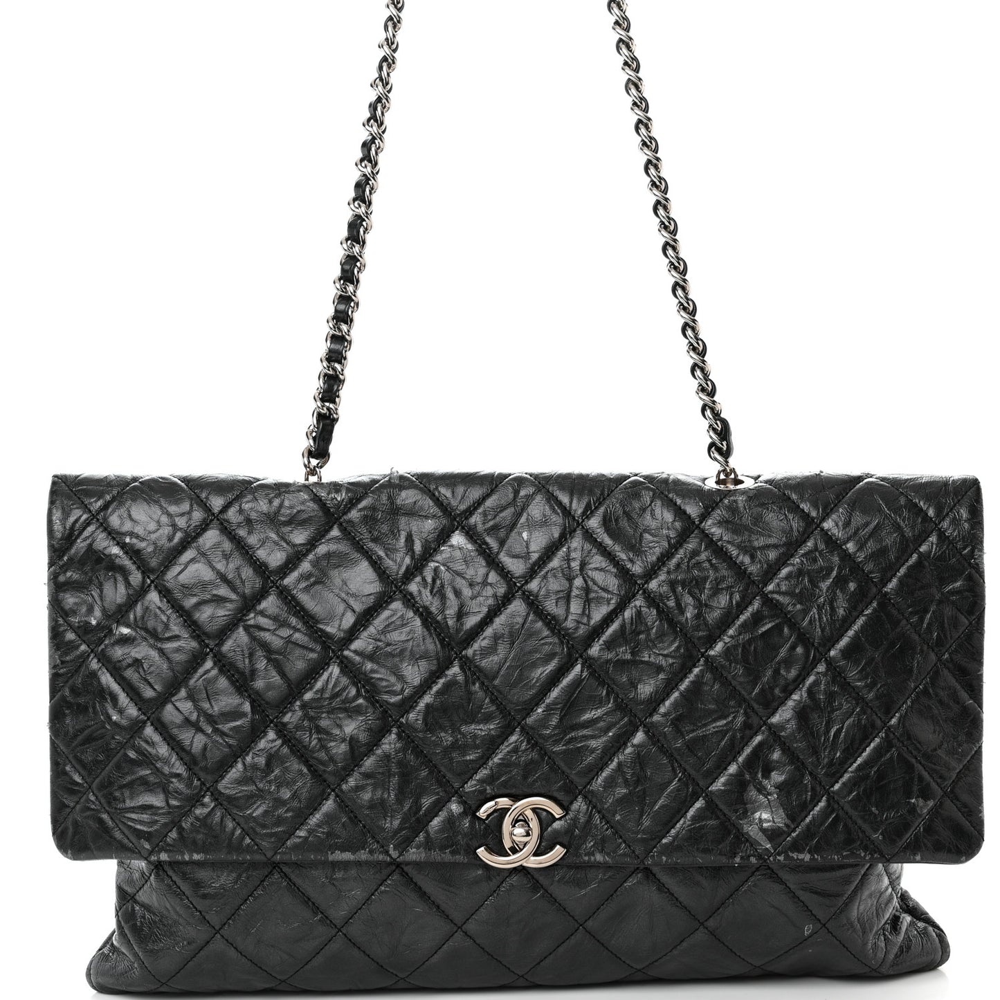 Metallic Crumpled Calfskin Big Bang Large Flap Bag Black
