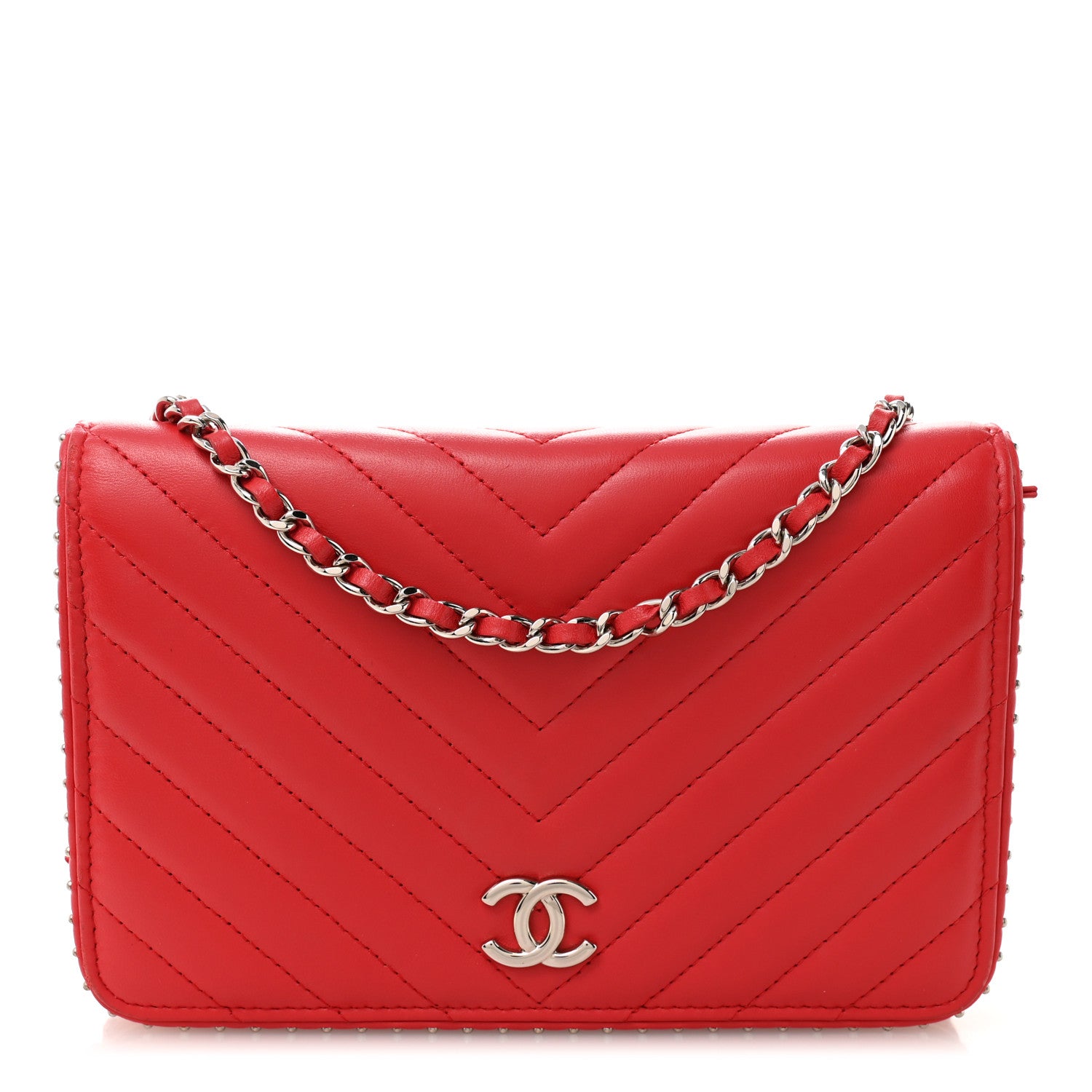 Chanel Lambskin Chevron Quilted Studded Wallet On Chain WOC Light Red 1 of 12
