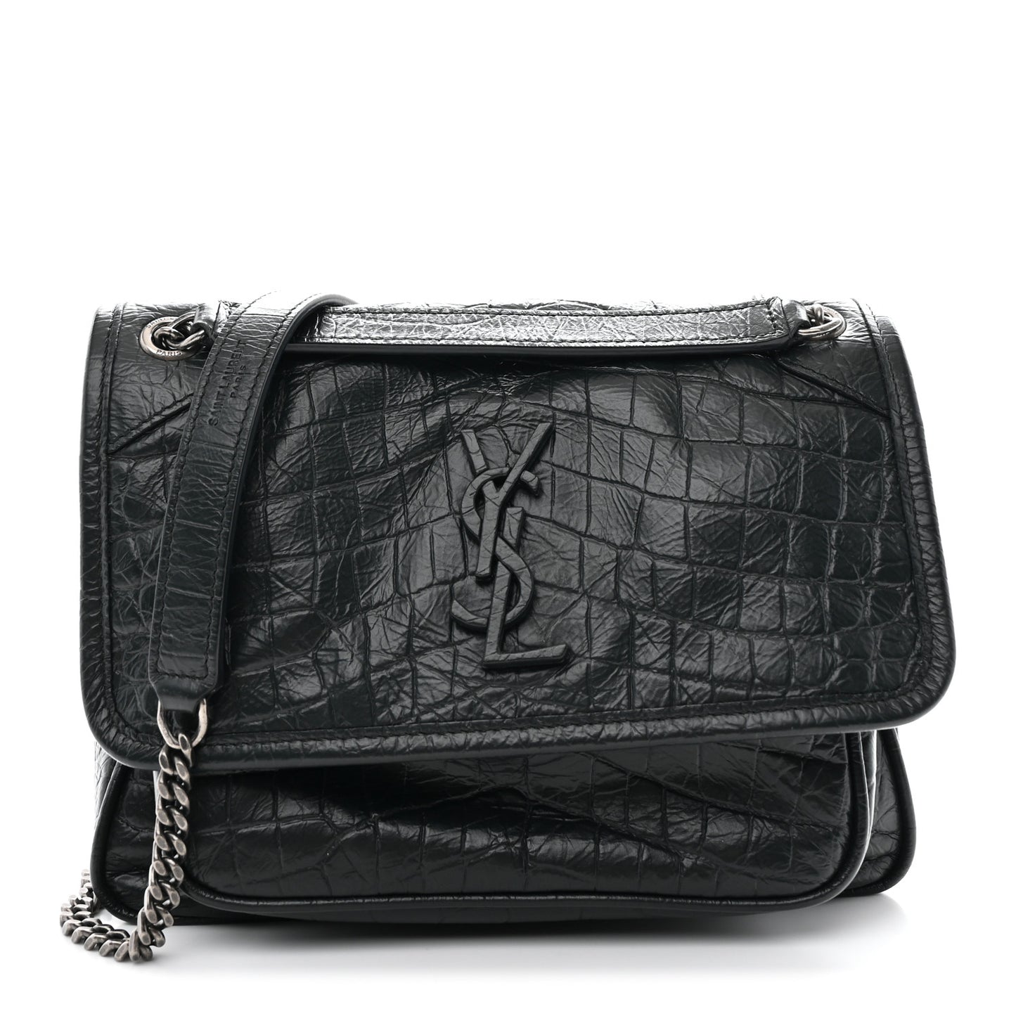 Calfskin Crocodile Embossed Monogram Baby Niki Chain Satchel Algea