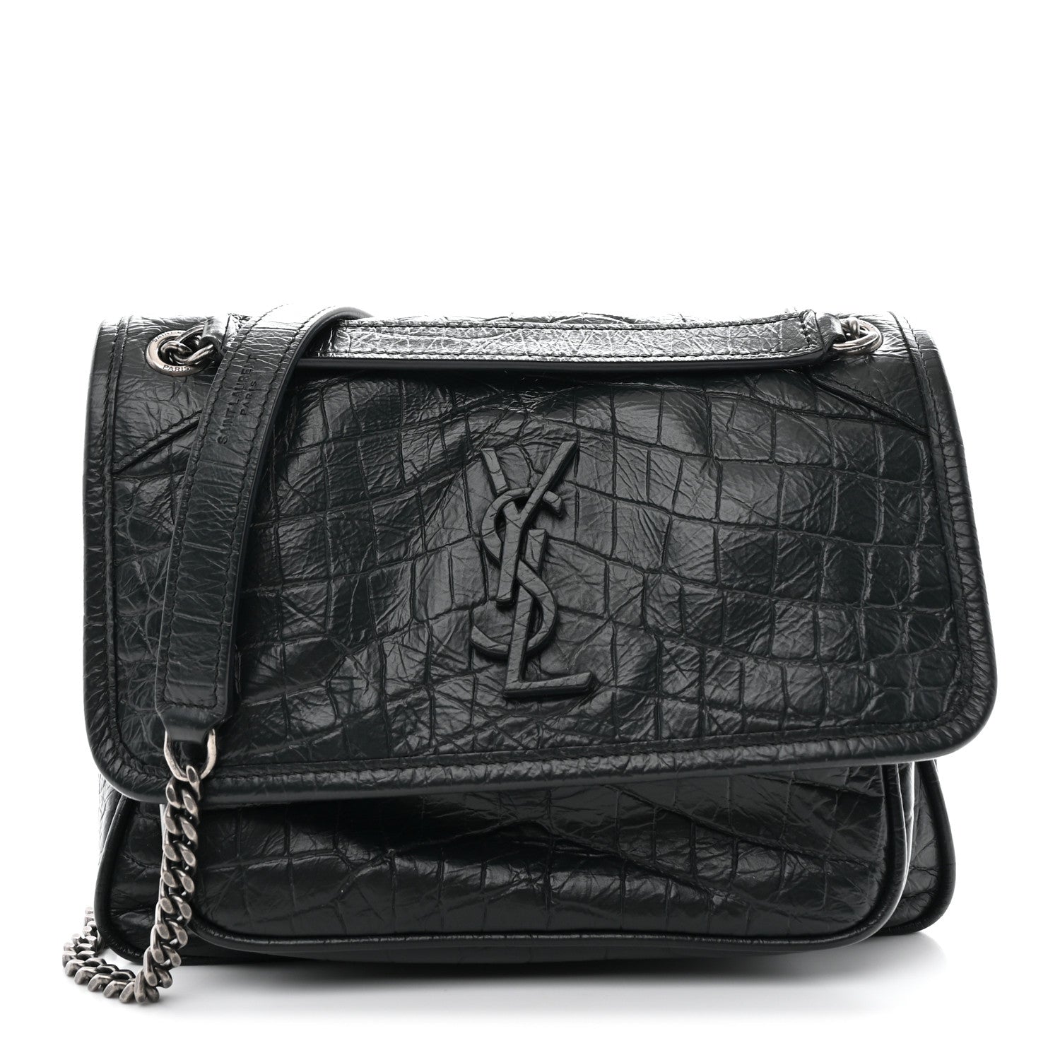Saint Laurent Calfskin Crocodile Embossed Monogram Baby Niki Chain Satchel Algea 1 of 11