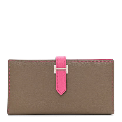 Hermes Chevre Mysore Bi-Color Bearn Gusset Wallet Etoupe Rose Shocking 1 of 7