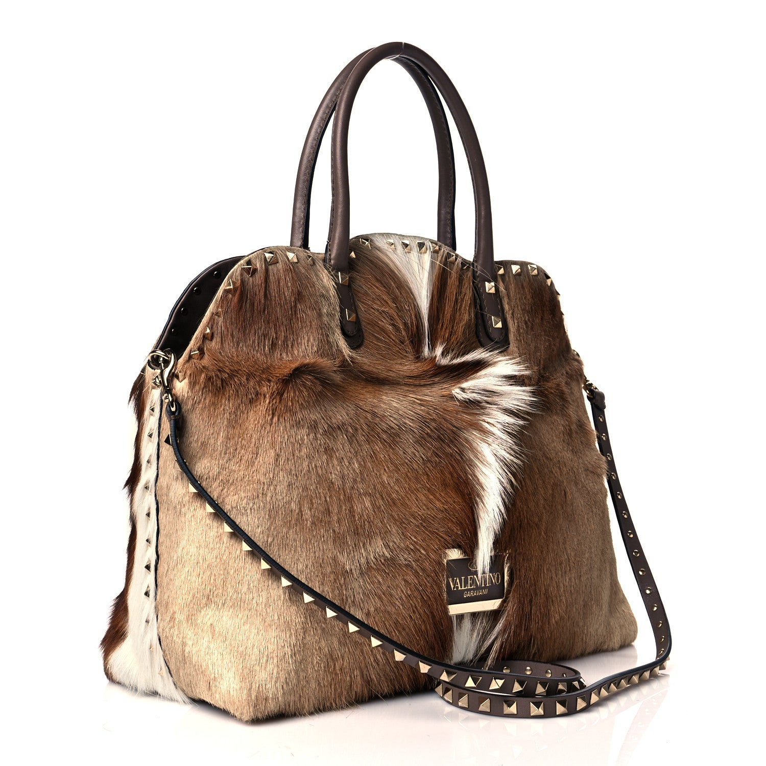 Valentino Garavani Calf Hair Cavallino Animal Rockstud Dome Satchel Brown 3 of 9