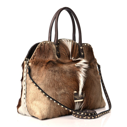 Valentino Garavani Calf Hair Cavallino Animal Rockstud Dome Satchel Brown 3 of 9