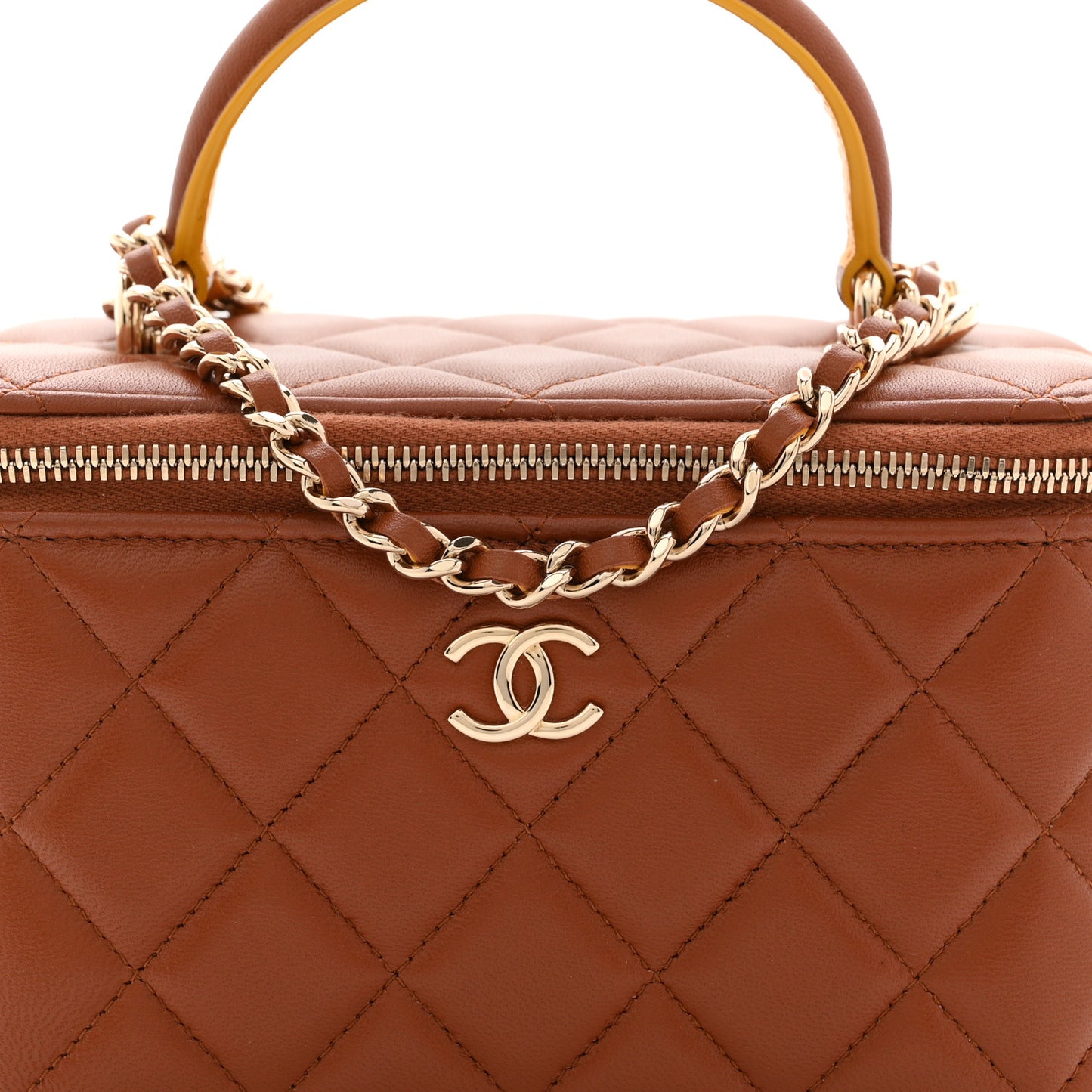 Lambskin Quilted Small Top Handle Vanity Case With Chain Light Brown Yellow
