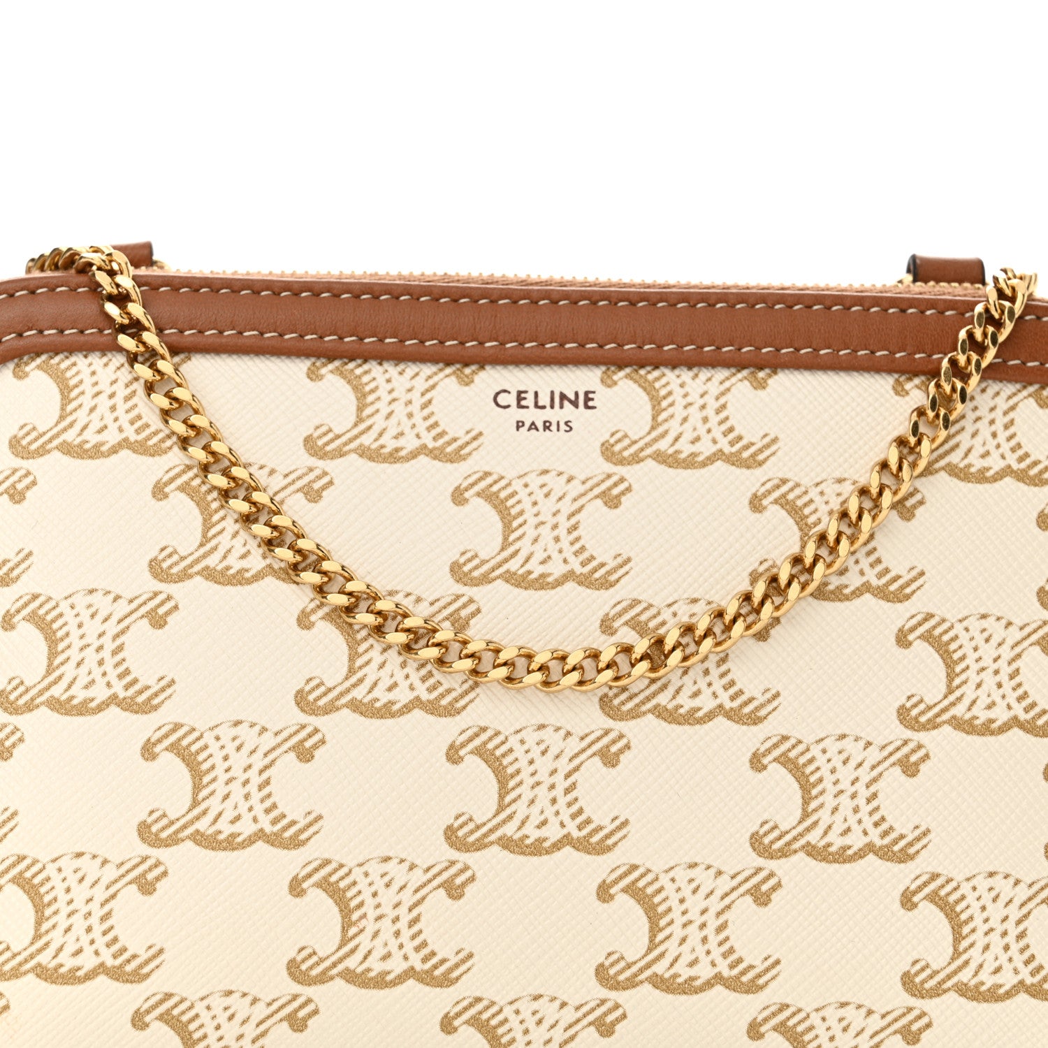 Celine Lambskin Triomphe Canvas Clutch With Chain White Tan 8 of 10