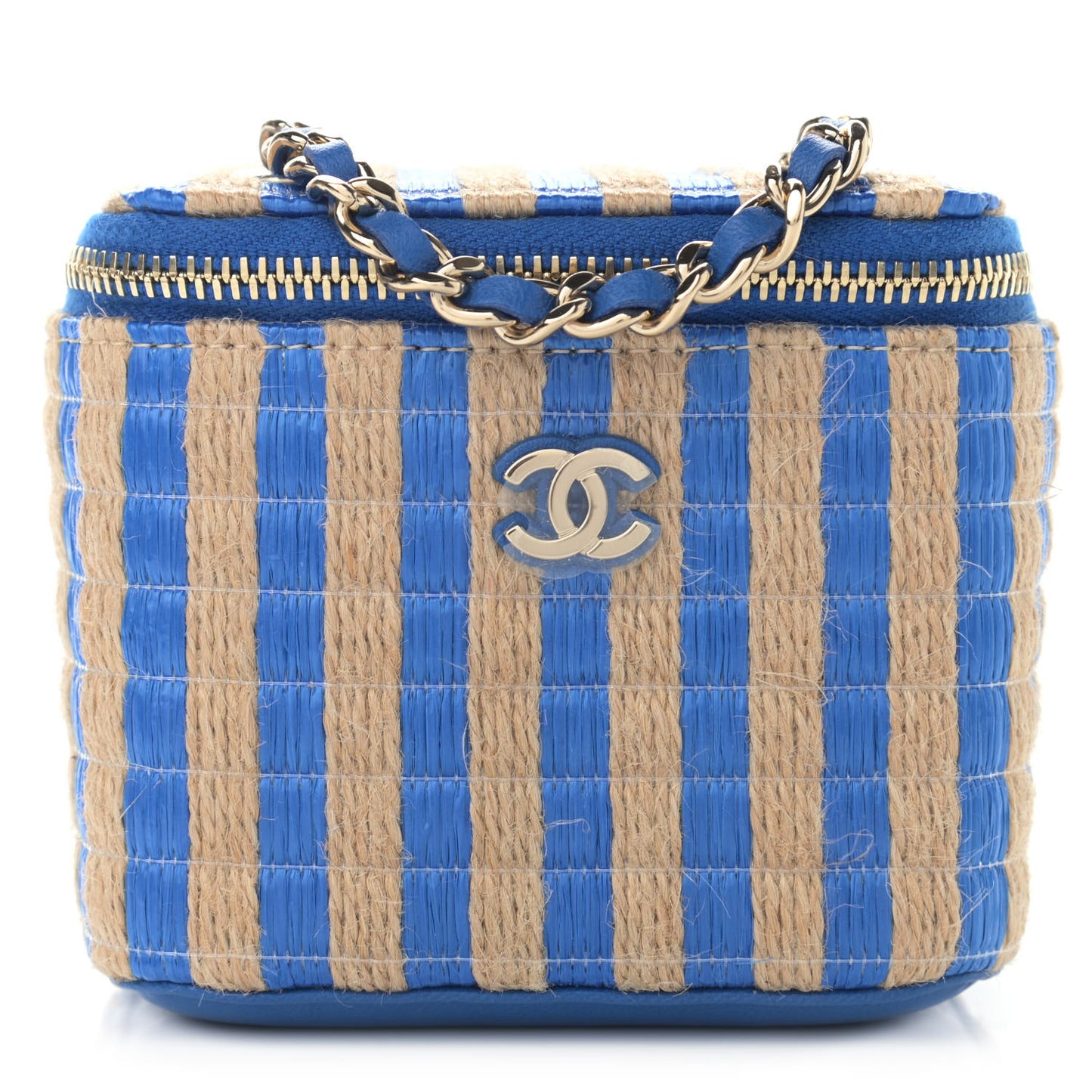 Raffia Jute Striped Mini Vanity Case With Chain Blue Beige