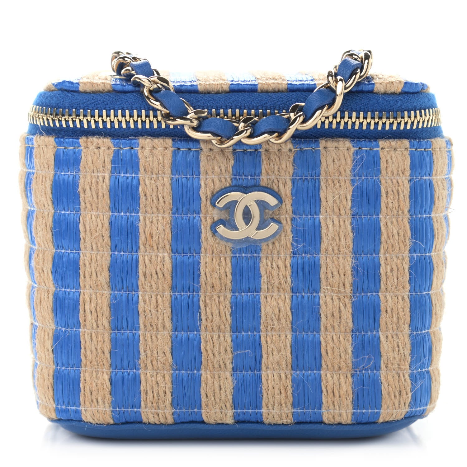 Chanel Raffia Jute Striped Mini Vanity Case With Chain Blue Beige 1 of 11