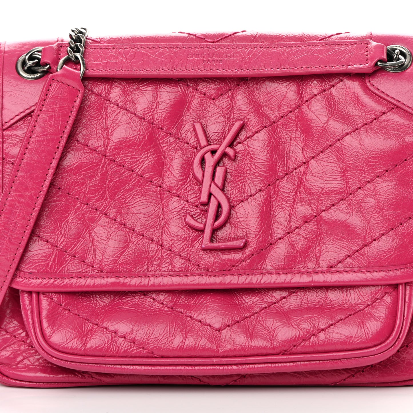 Crinkled Calfskin Matelasse Monogram Baby Niki Chain Satchel Freesia
