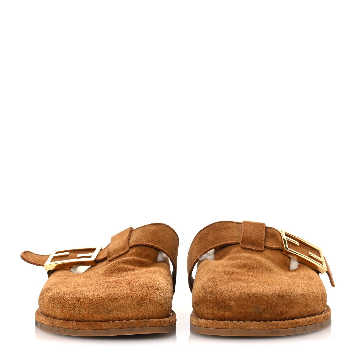 Suede Shearling Fendi Feel Buckled Clogs 37 Caramel Latte