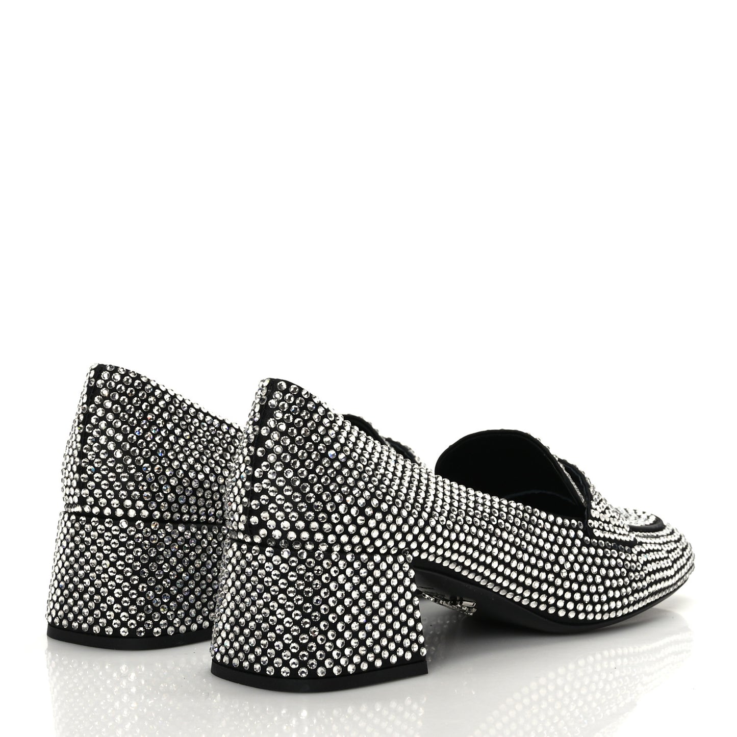 Satin Crystal Metal Triangle Logo 45mm Block Heel Loafers 36.5 Cristal