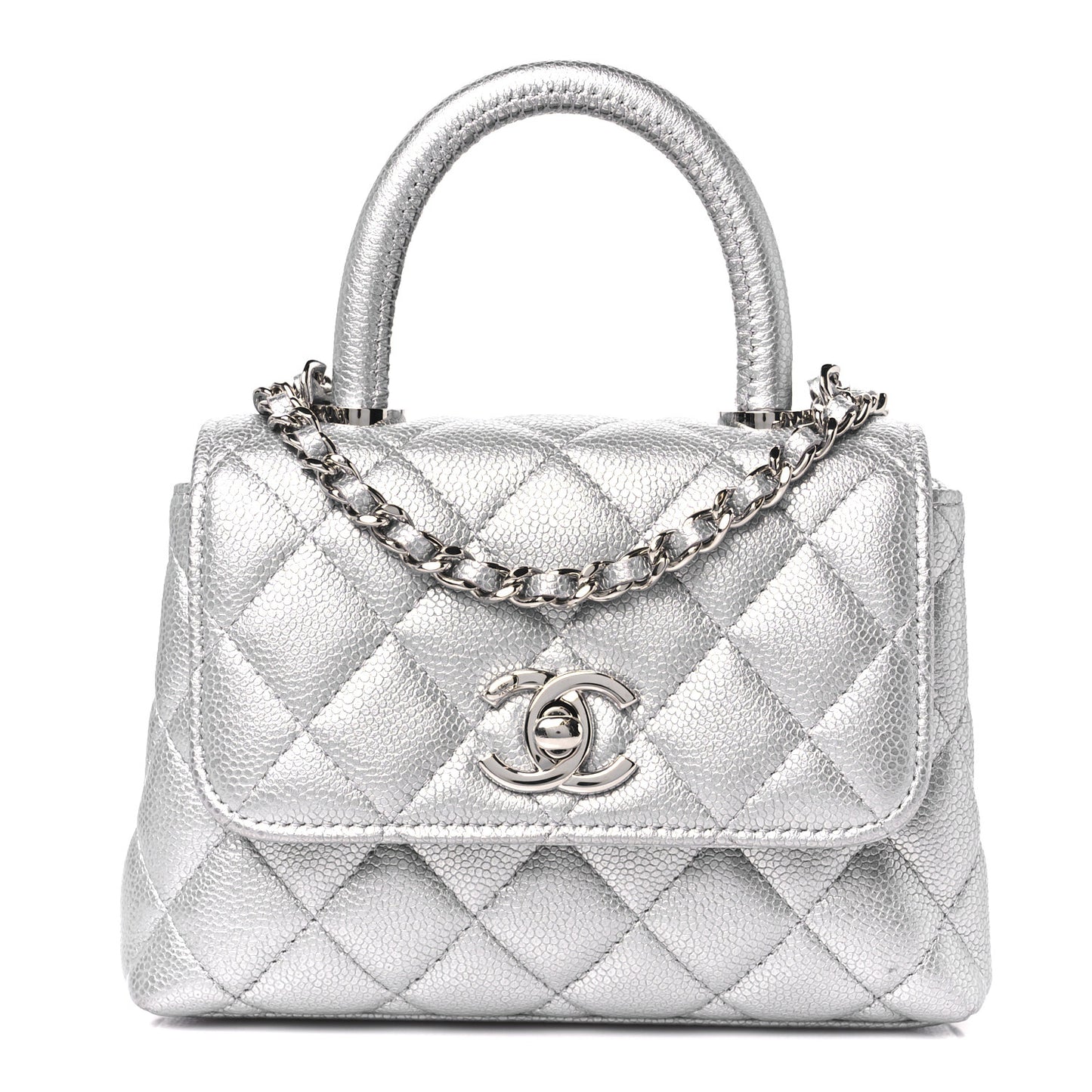 Metallic Caviar Quilted Coco Handle Clutch With Chain Silver