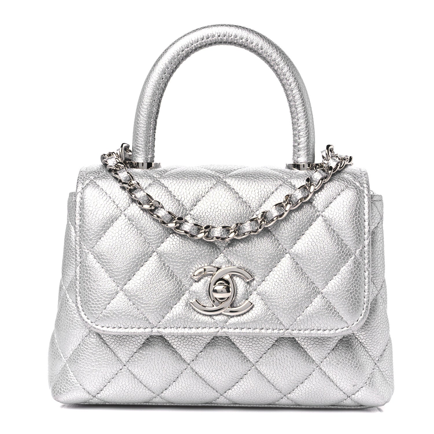 Chanel Metallic Caviar Quilted Coco Handle Clutch With Chain Silver 1 of 11