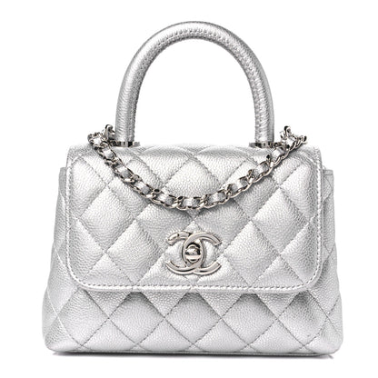 Chanel Metallic Caviar Quilted Coco Handle Clutch With Chain Silver 1 of 11