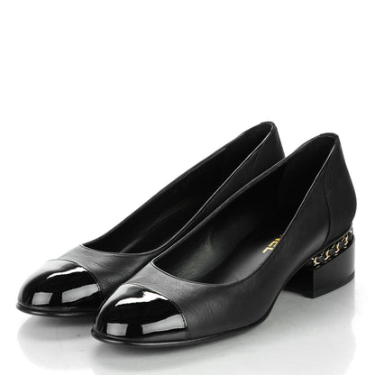 Chanel Lambskin Patent Cap Toe Low Heel Chain Pumps 39 Black 3 of 8