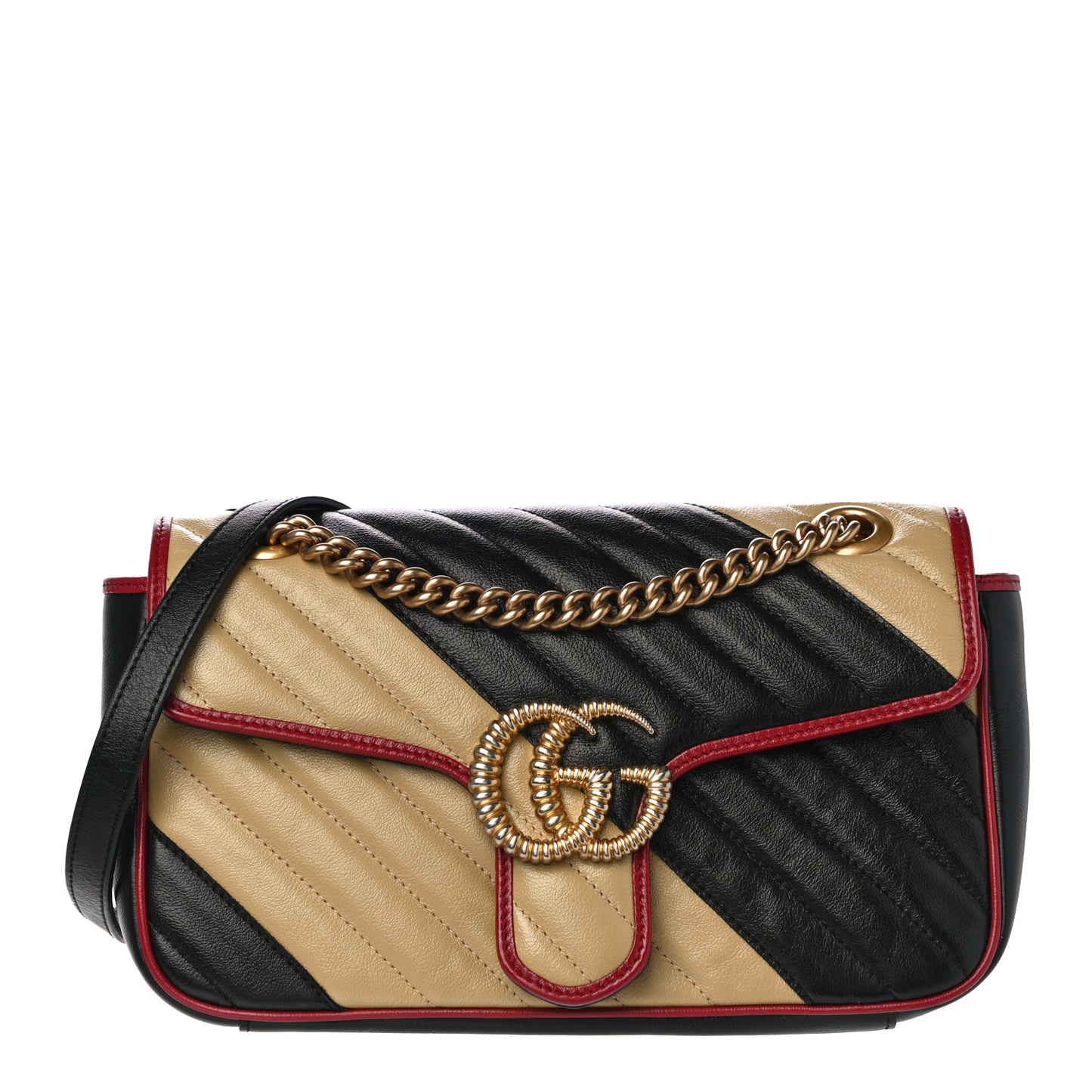 Vintage Effect Calfskin Matelasse Diagonal Striped Small Torchon GG Marmont Shoulder Bag Black Beige