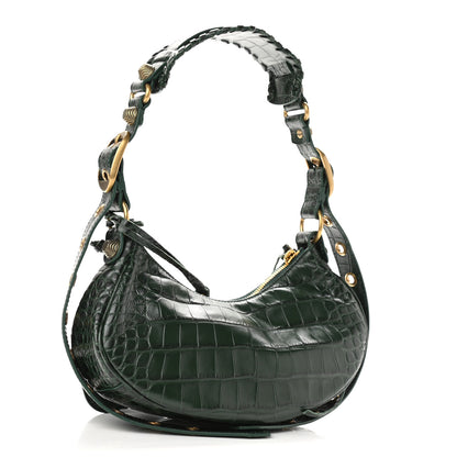 Balenciaga Extra Supple Calfskin Crocodile Embossed Le Cagole Shoulder Bag XS Forest Green 3 of 12