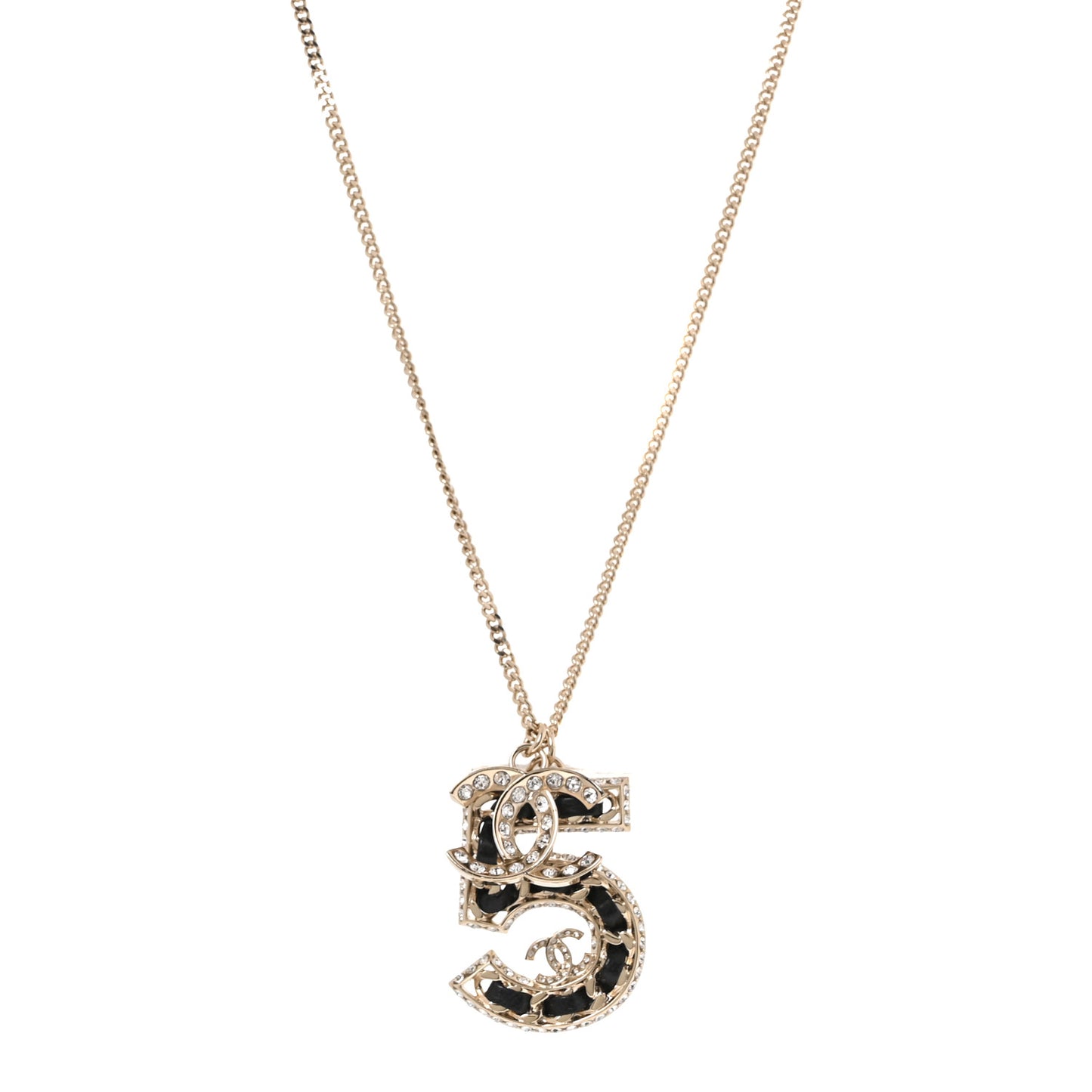 Lambskin Crystal CC Number 5 Pendant Necklace Gold Black