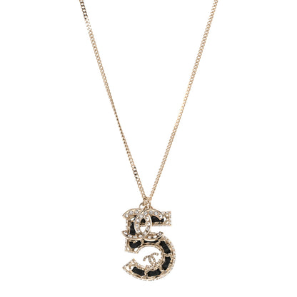 Chanel Lambskin Crystal CC Number 5 Pendant Necklace Gold Black 1 of 5