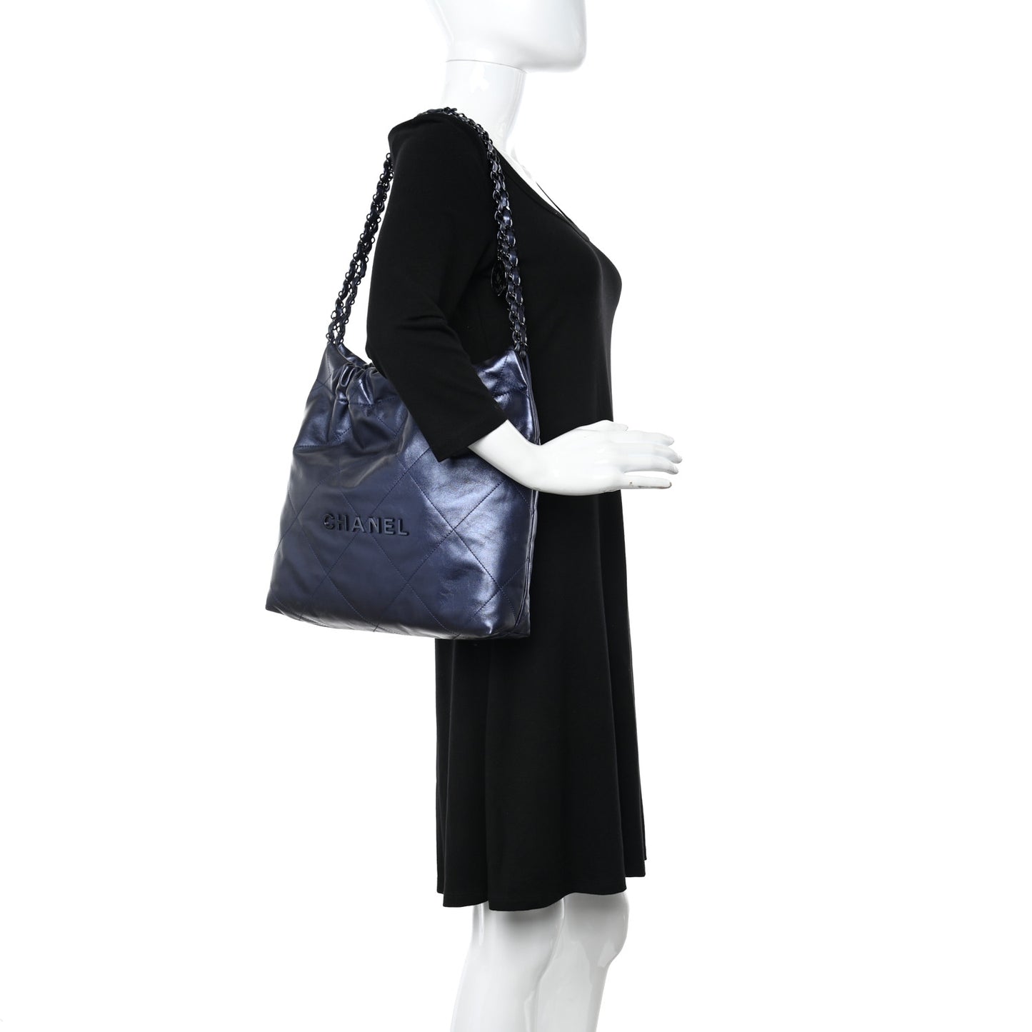 Metallic Calfskin Quilted Small Chanel 22 Navy Blue