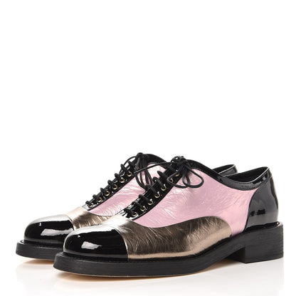 Chanel Crumpled Lambskin Patent CC Lace Up Oxfords 40 Pink Gold Black 2 of 8