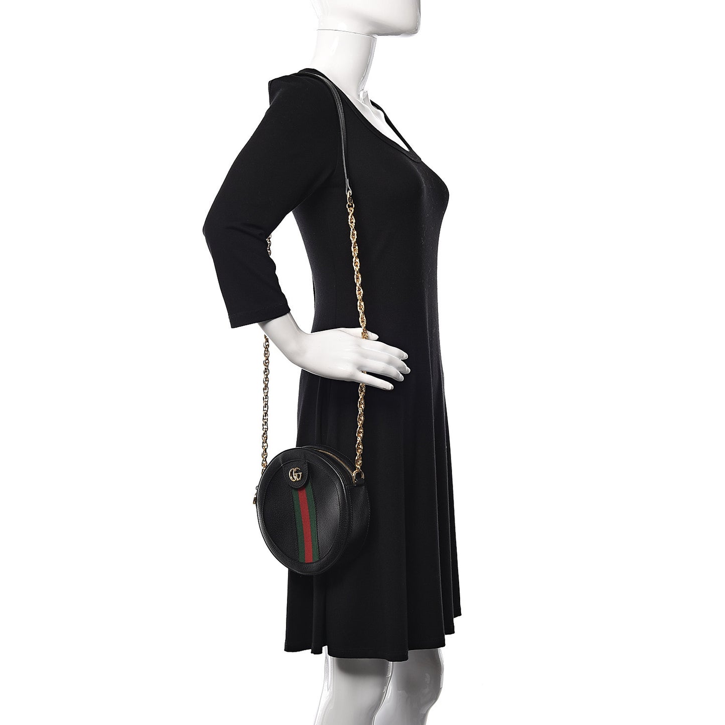 Grained Calfskin Web Mini Ophidia Round Shoulder Bag Black