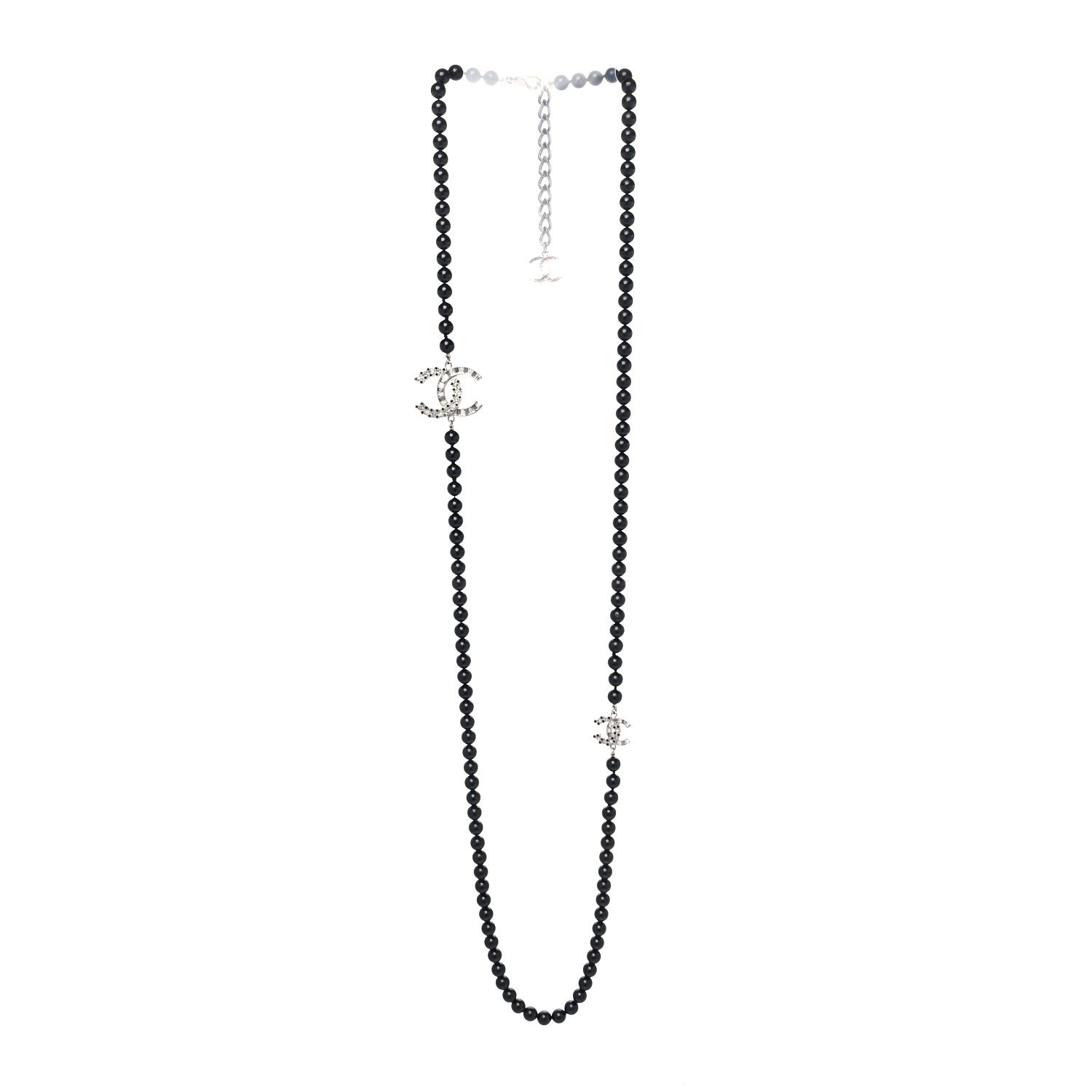 Chanel Baguette Crystal Beaded CC Long Necklace Black Silver 3 of 5
