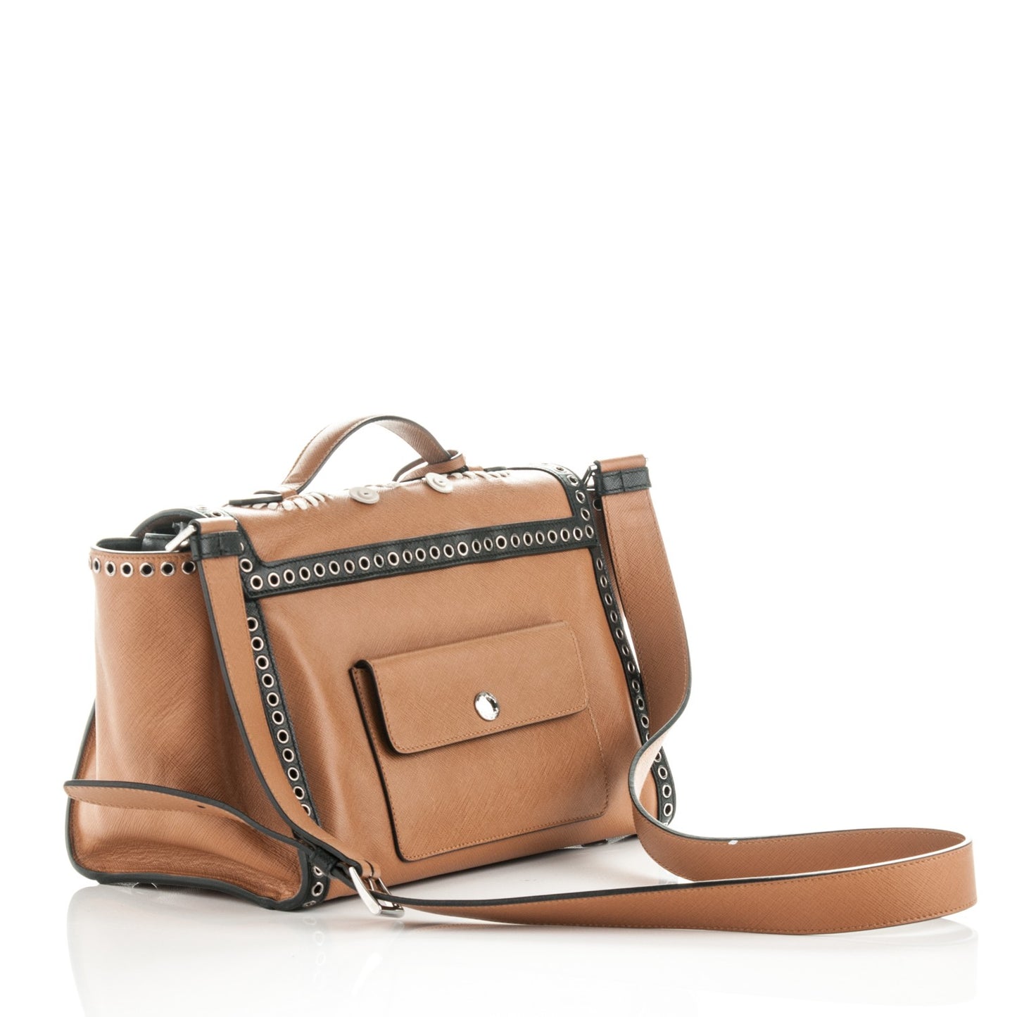 Saffiano Embroidered Pattina Sound Twin Pocket Satchel Caramel