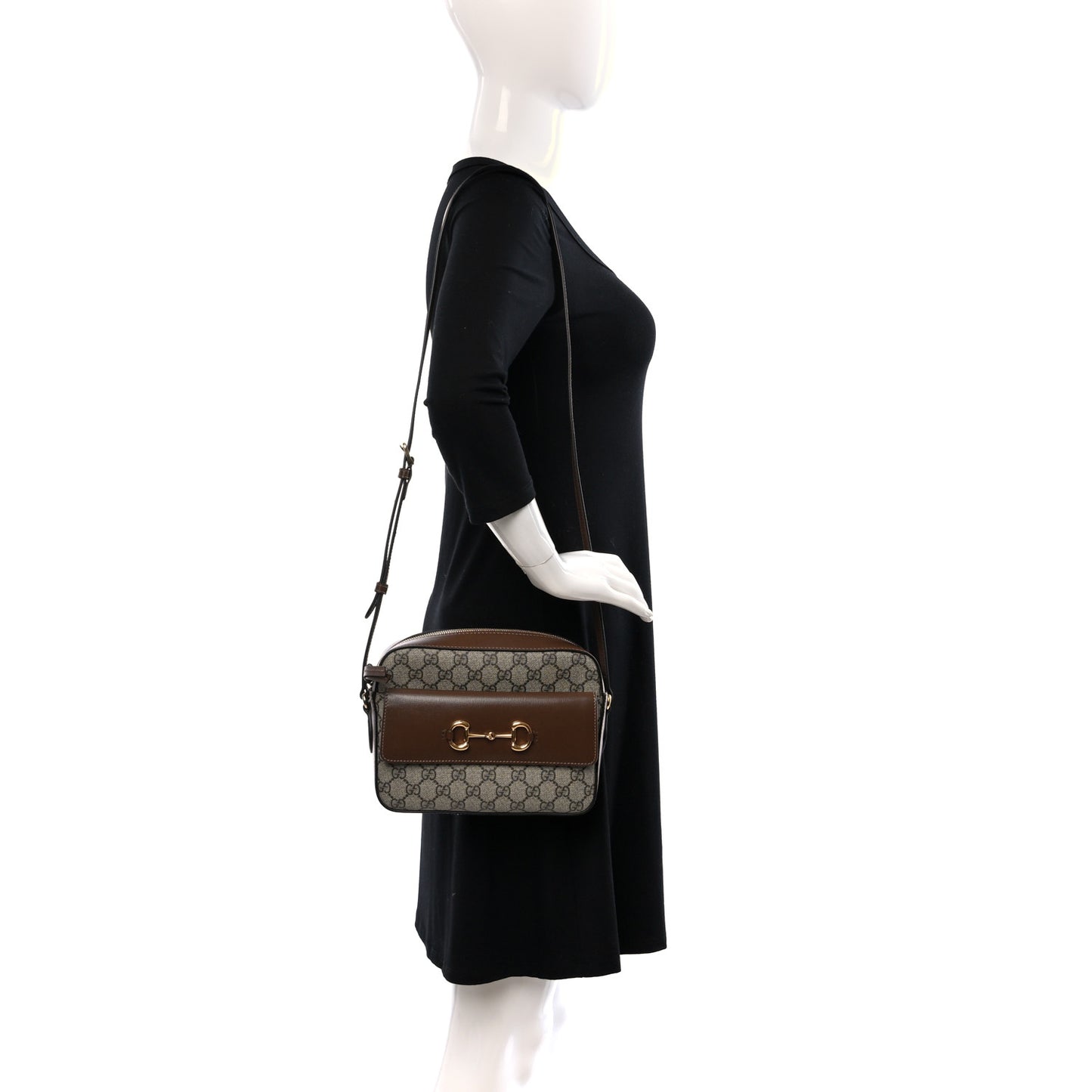 GG Supreme Monogram Small Horsebit 1955 Shoulder Bag Beige Brown Sugar
