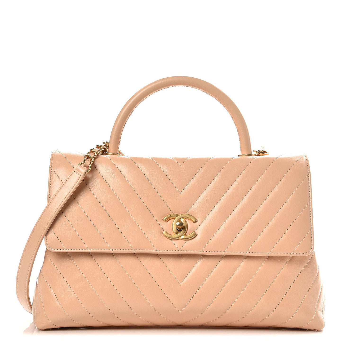 Calfskin Chevron Quilted Large Coco Handle Flap Light Beige