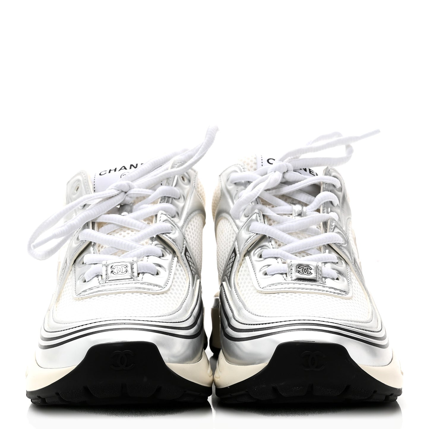 Fabric Laminated Calfskin Stretch CC Womens Sneakers 38 White Silver