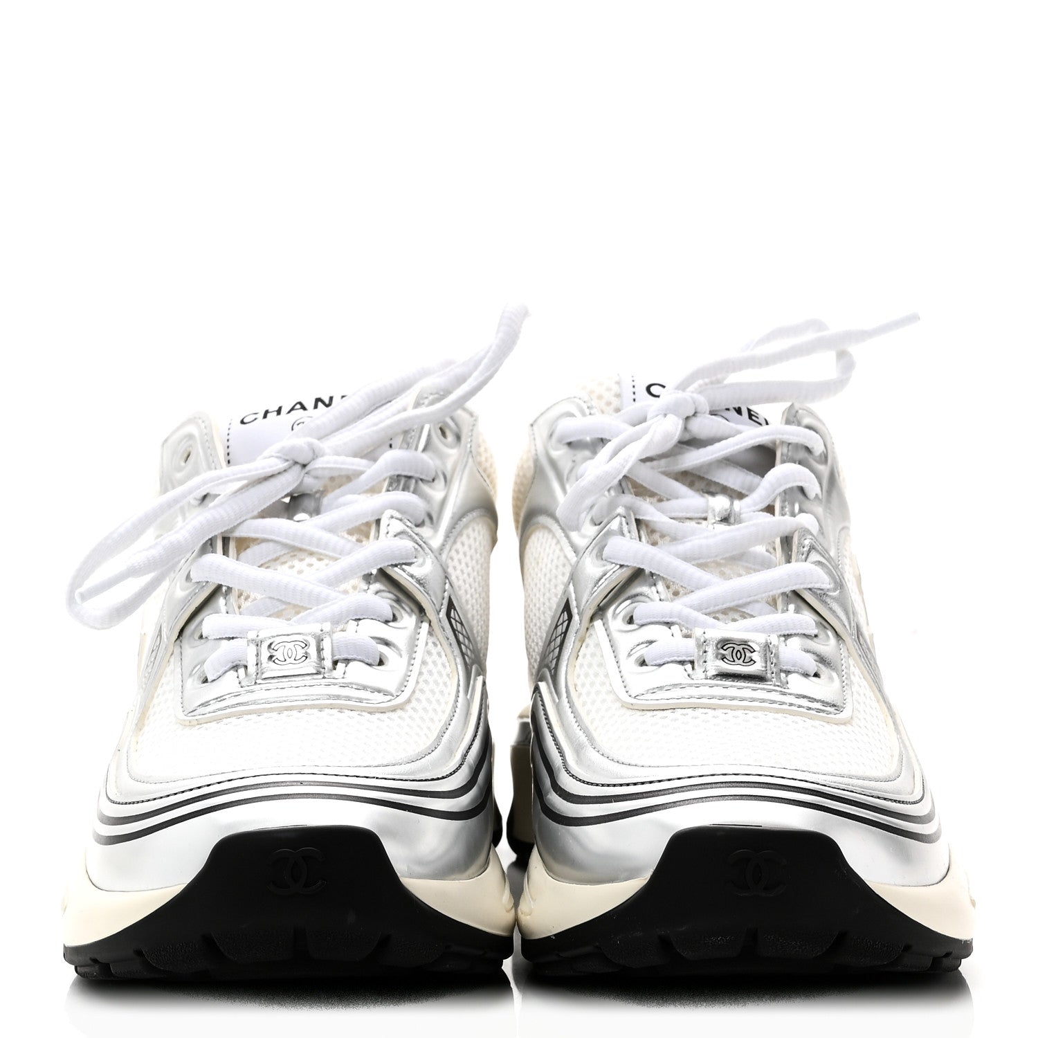 Chanel Fabric Laminated Calfskin Stretch CC Womens Sneakers 38 White Silver 4 of 9