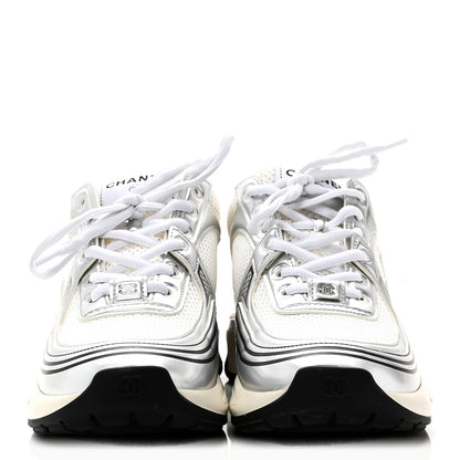 Chanel Fabric Laminated Calfskin Stretch CC Womens Sneakers 38 White Silver 4 of 9